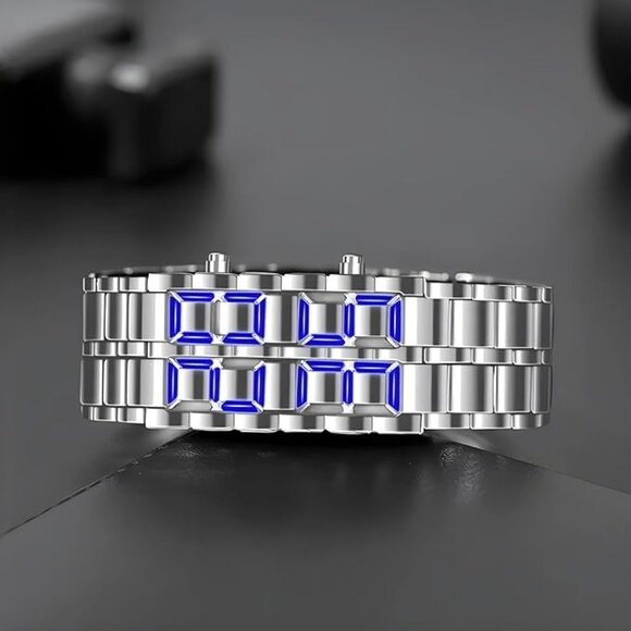 LED‎ Digital Watch, Silver & Blue Stainless Steel Lava Style, Samurai Bracelet - Picture 2 of 3